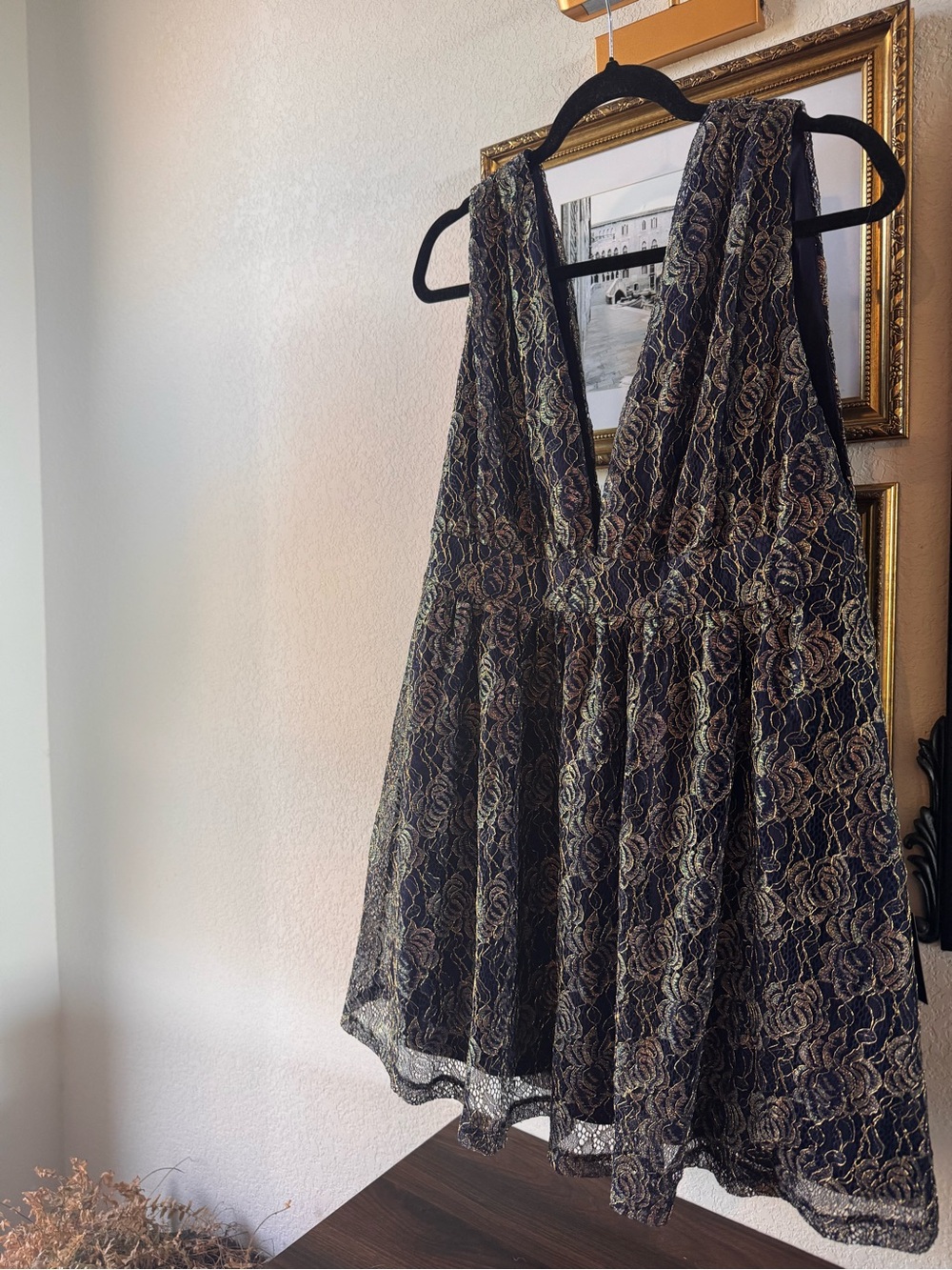Lulu's Navy Dress with Metallic Gold Floral Lace
